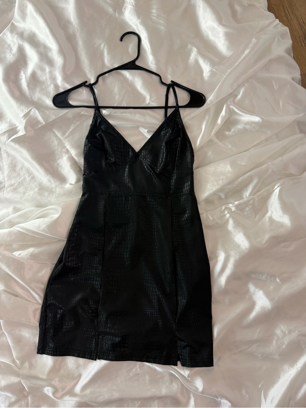 SHEIN Black Croc-Texture Faux-Leather Slip Mini Dress